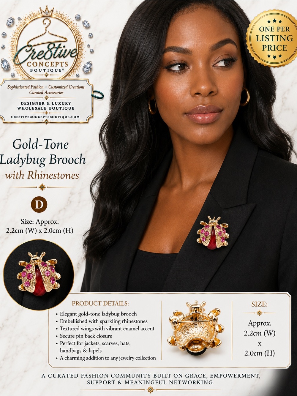Gold-Tone Ladybug Rhinestone Brooch – Pick One - Picture 2 of 9